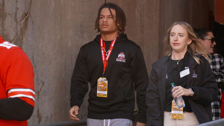 Recruit Jayvan Boggs watches Ohio State warm up before playing Penn State Oct. 21, 2023 at Ohio Stadium.