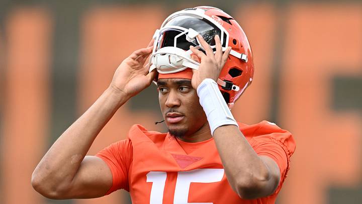 Cleveland Browns quarterback Taylen Green (15) during rookie minicamp. Cleveland Browns quarterback Taylen Green (15) during rookie minicamp.