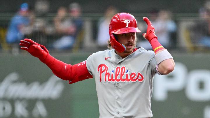 Jun 13, 2026; Milwaukee, Wisconsin, USA; Philadelphia Phillies second baseman Bryson Stott (5) reacts after hittng a double to drive in a run in the fourth inning against the Milwaukee Brewers at American Family Field. Mandatory Credit: Benny Sieu-Imagn Images Jun 13, 2026; Milwaukee, Wisconsin, USA; Philadelphia Phillies second baseman Bryson Stott (5) reacts after hittng a double to drive in a run in the fourth inning against the Milwaukee Brewers at American Family Field. Mandatory Credit: Benny Sieu-Imagn Images