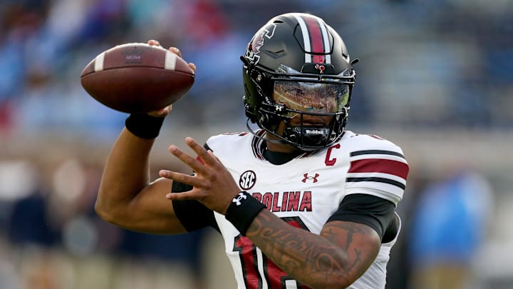South Carolina Gamecocks quarterback LaNorris Sellers (16) passes the ball during warmups prior to the game against the Mississippi Rebels at Vaught-Hemingway Stadium. 