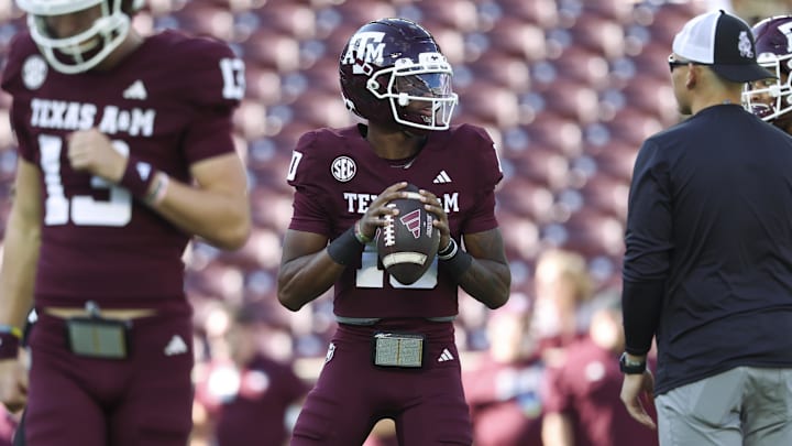 Texas A&M Aggies quarterback Marcel Reed (10) warms up before the game against the South Carolina Gamecocks at Kyle Field. Texas A&M Aggies quarterback Marcel Reed (10) warms up before the game against the South Carolina Gamecocks at Kyle Field.