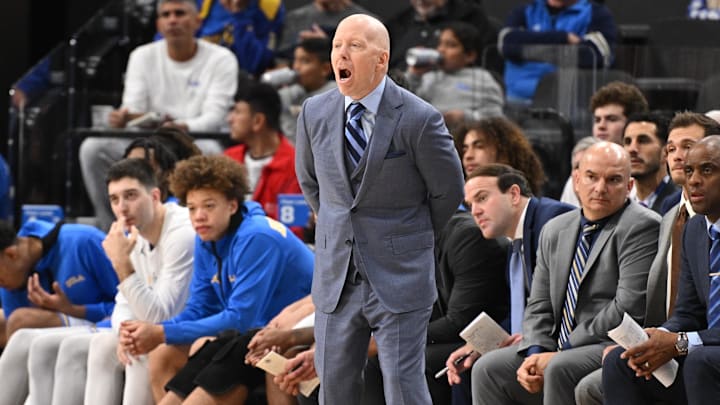 Dec 28, 2024; Inglewood, California, USA; UCLA Bruins head coach Mick Cronin calls out from the sidelines during the second half against the Gonzaga Bulldogs at Intuit Dome. Mandatory Credit: Robert Hanashiro-Imagn Images