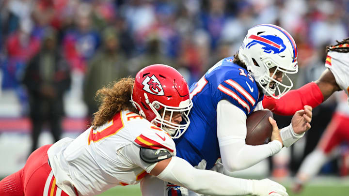 Nov 2, 2025; Orchard Park, New York, USA; Buffalo Bills quarterback Josh Allen (17) is sacked by Kansas City Chiefs defensive end Ashton Gillotte (97) in the second quarter at Highmark Stadium. Mandatory Credit: Mark Konezny-Imagn Images Nov 2, 2025; Orchard Park, New York, USA; Buffalo Bills quarterback Josh Allen (17) is sacked by Kansas City Chiefs defensive end Ashton Gillotte (97) in the second quarter at Highmark Stadium. Mandatory Credit: Mark Konezny-Imagn Images