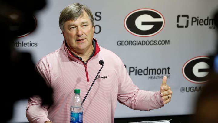 Georgia head coach Kirby Smart speaks to the media on the first day of spring practice in Athens, Ga., on Tuesday, March 12, 2024. Georgia head coach Kirby Smart speaks to the media on the first day of spring practice in Athens, Ga., on Tuesday, March 12, 2024.