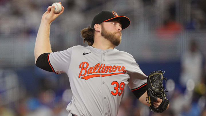 Jul 25, 2024; Miami, Florida, USA; Baltimore Orioles pitcher Corbin Burnes (39) delivers in the first inning against the Miami Marlins at loanDepot Park. Mandatory Credit: Jim Rassol-Imagn Images Jul 25, 2024; Miami, Florida, USA; Baltimore Orioles pitcher Corbin Burnes (39) delivers in the first inning against the Miami Marlins at loanDepot Park. Mandatory Credit: Jim Rassol-Imagn Images