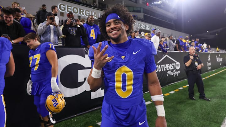 Nov 22, 2025; Atlanta, Georgia, USA; Pittsburgh Panthers linebacker Braylan Lovelace (0) celebrates after a victory over the Georgia Tech Yellow Jackets at Bobby Dodd Stadium at Hyundai Field. Mandatory Credit: Brett Davis-Imagn Images