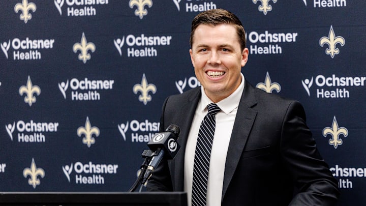 Feb 13, 2025; New Orleans, LA, USA;  New Orleans Saints introduce Kellen Moore as the head coach and he addresses the media at Ochsner Sports Performance Center. Mandatory Credit: Stephen Lew-Imagn Images