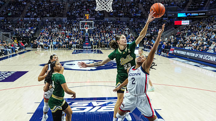 USF standout Romi Levy (23), shown here in Sunday's game at UConn, left the Vanderbilt game with an injury after just six minutes.