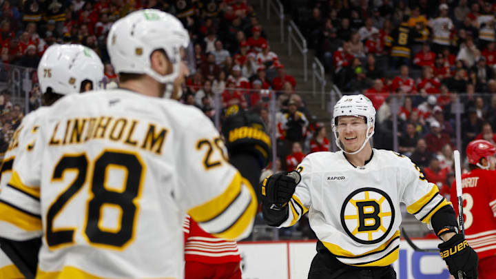 Mar 21, 2026; Detroit, Michigan, USA; Boston Bruins center Morgan Geekie (39) celebrates with center Elias Lindholm (28) after a goal by Lindholm in the third period against the Detroit Red Wings at Little Caesars Arena. Mandatory Credit: Brian Bradshaw Sevald-Imagn Images