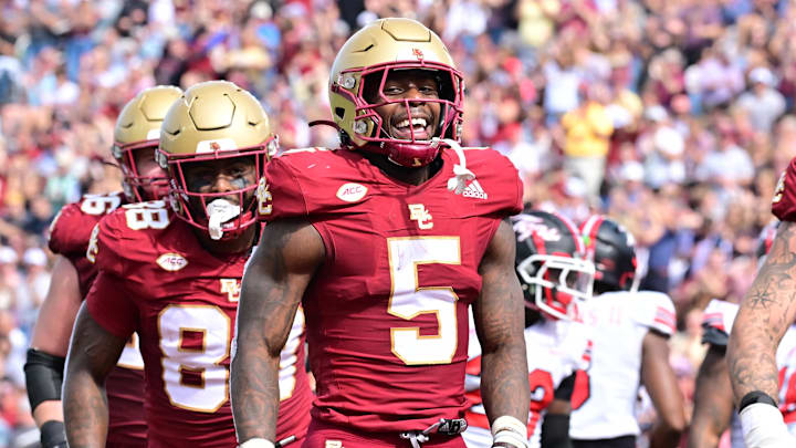 Sep 28, 2024; Chestnut Hill, Massachusetts, USA; Boston College Eagles running back Kye Robichaux (5) reacts to his touchdown against the Western Kentucky Hilltoppers during the first half at Alumni Stadium. Mandatory Credit: Eric Canha-Imagn Images