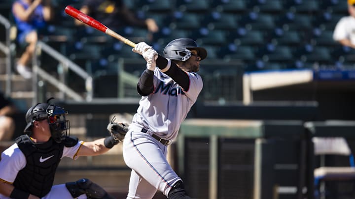 Miami Marlins outfielder Victor Mesa Jr. for the Mesa Solar Sox during an Arizona Fall League baseball game at Surprise Stadium. Miami Marlins outfielder Victor Mesa Jr. for the Mesa Solar Sox during an Arizona Fall League baseball game at Surprise Stadium.