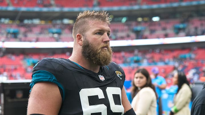 Oct 1, 2023; London, United Kingdom;  Jacksonville Jaguars center Tyler Shatley (69) leaves the field after the second half of an NFL International Series game at Wembley Stadium. Mandatory Credit: Peter van den Berg-Imagn Images