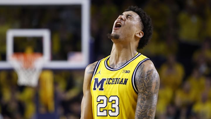 Mar 8, 2026; Ann Arbor, Michigan, USA;  Michigan Wolverines forward Yaxel Lendeborg (23) celebrates in the second half against the Michigan State Spartans at Crisler Center. Mandatory Credit: Rick Osentoski-Imagn Images