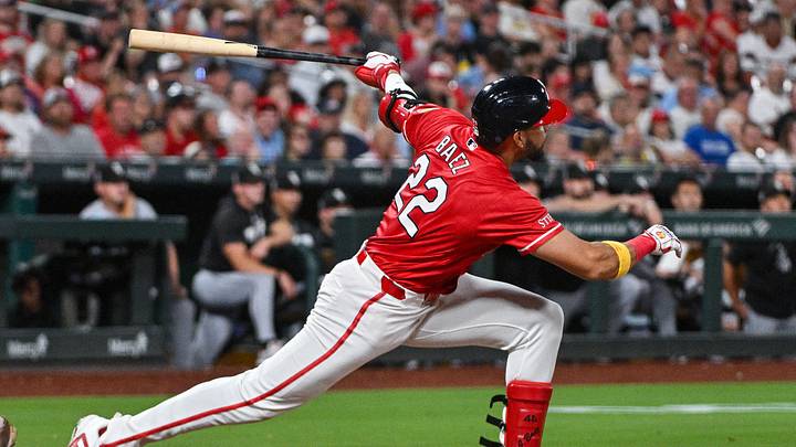 Sep 11, 2026; St. Louis, Missouri, USA; St. Louis Cardinals left fielder Joshua Baez (22) hits a one run double against the Chicago White Sox during the fifth inning at Busch Stadium. Mandatory Credit: Jeff Curry-Imagn Images Sep 11, 2026; St. Louis, Missouri, USA; St. Louis Cardinals left fielder Joshua Baez (22) hits a one run double against the Chicago White Sox during the fifth inning at Busch Stadium. Mandatory Credit: Jeff Curry-Imagn Images