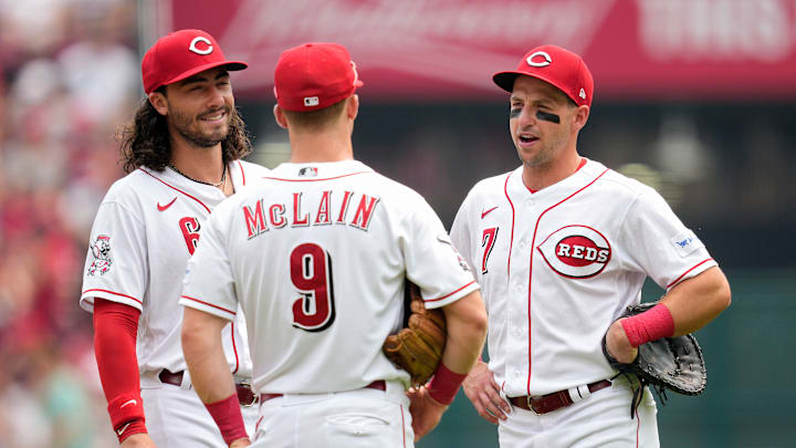 Cincinnati Reds infielders Jonathan India, Matt McLain, and Spencer Steer