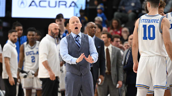 Dec 28, 2024; Inglewood, California, USA; UCLA Bruins head coach Mick Cronin call out from the sidelines during the first half against the Gonzaga Bulldogs at Intuit Dome. Mandatory Credit: Robert Hanashiro-Imagn Images