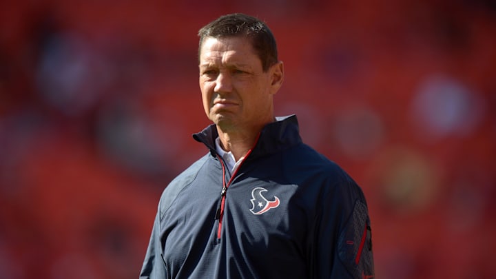 Oct 20, 2013; Kansas City, MO, USA; Houston Texans offensive coordinator Rick Dennison during the game against the Kansas City Chiefs at Arrowhead Stadium. The Chiefs defeated the Texans 17-16. Mandatory Credit: Kirby Lee-Imagn Images