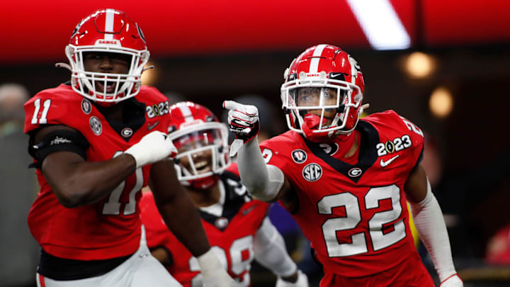 Georgia defensive back Javon Bullard (22) celebrates after making an interception during the first half of the NCAA College Football National Championship game between TCU and Georgia on Monday, Jan. 9, 2023, in Inglewood, Calif.

News Joshua L Jones