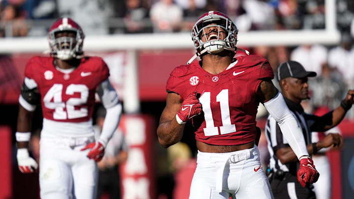 Alabama linebacker Jihaad Campbell celebrates after a sack. The Crimson Tide face rival Auburn this week. Alabama linebacker Jihaad Campbell celebrates after a sack. The Crimson Tide face rival Auburn this week.