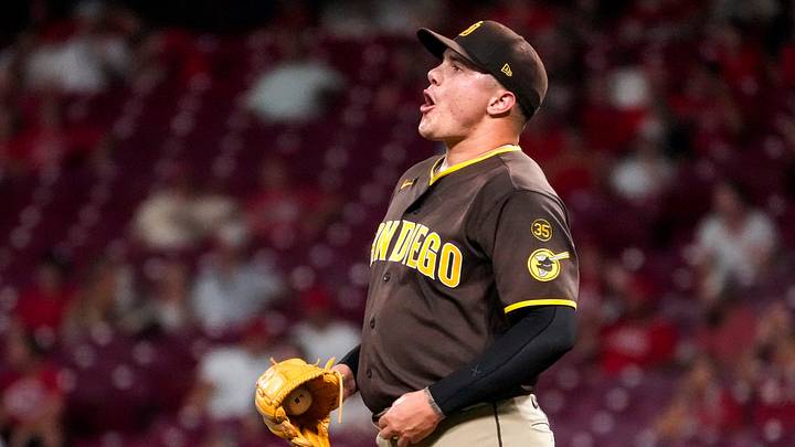 San Diego Padres pitcher Adrian Morejon (50) circles back to the mound after giving up the go-ahead run in the eighth inning of the MLB National League game between the San Diego Padres and the Cincinnati Reds at Great American Ball Park in Cincinnati on Tuesday, Sept. 1, 2026. The Reds won, 4-3.