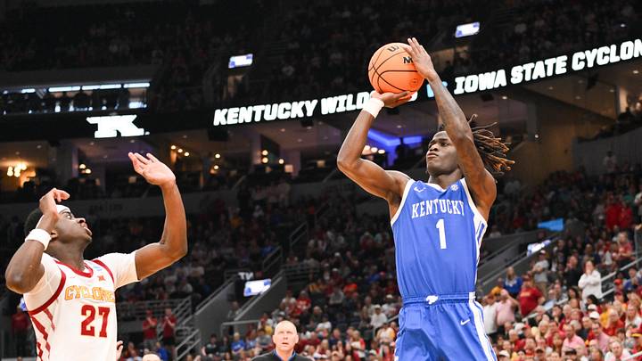 Mar 22, 2026; St. Louis, MO, USA; Kentucky Wildcats guard Denzel Aberdeen (1) shoots as Iowa State Cyclones guard Killyan Toure (27) defends during the second half during a second round game of the men's 2026 NCAA Tournament at Enterprise Center. Mandatory Credit: Jeff Curry-Imagn Images