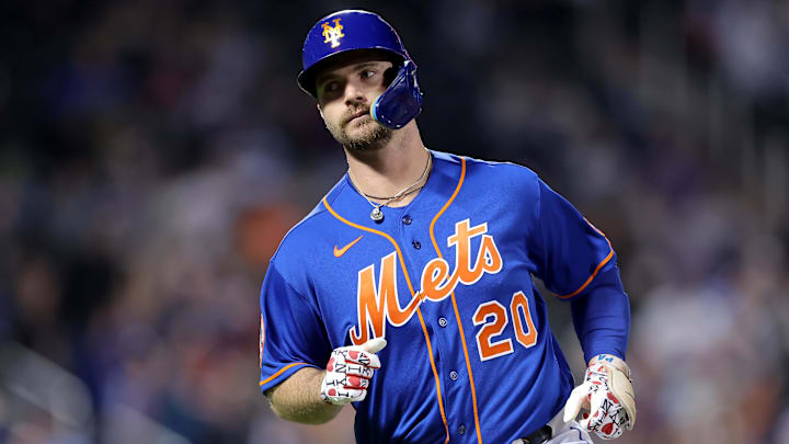 Sep 30, 2023; New York City, New York, USA; New York Mets designated hitter Pete Alonso (20) reacts