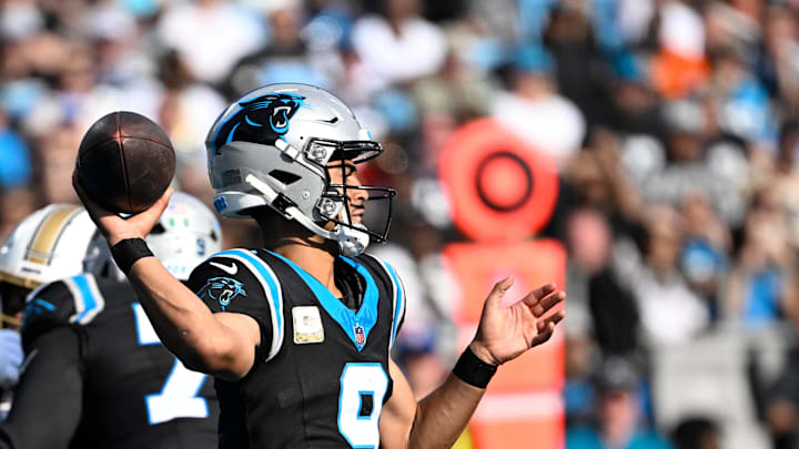 Nov 9, 2025; Charlotte, North Carolina, USA; Carolina Panthers quarterback Bryce Young (9) looks to pass in the second quarter at Bank of America Stadium. Mandatory Credit: Bob Donnan-Imagn Images