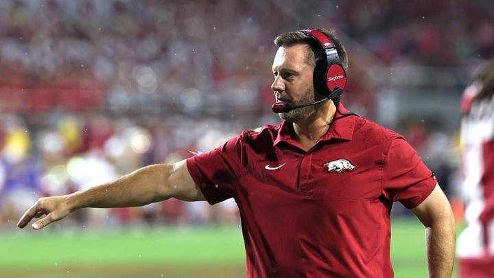 Sep 26, 2026; Fayetteville, Arkansas, USA; Arkansas Razorbacks head coach Ryan Silverfield during the first half against the Tulsa Golden Hurricanes at Donald W. Reynolds Razorback Stadium. Mandatory Credit: Nelson Chenault-Imagn Images Sep 26, 2026; Fayetteville, Arkansas, USA; Arkansas Razorbacks head coach Ryan Silverfield during the first half against the Tulsa Golden Hurricanes at Donald W. Reynolds Razorback Stadium. Mandatory Credit: Nelson Chenault-Imagn Images