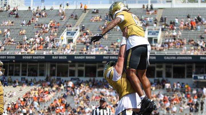 Sep 19, 2026; Atlanta, Georgia, USA; Georgia Tech Yellow Jackets wide receiver Debron Gatling (6) celebrats with offensive lineman Will Reed (66) after a catch for a touchdown against the Mercer Bears in the third quarter at Bobby Dodd Stadium at Hyundai Field. Mandatory Credit: Brett Davis-Imagn Images Sep 19, 2026; Atlanta, Georgia, USA; Georgia Tech Yellow Jackets wide receiver Debron Gatling (6) celebrats with offensive lineman Will Reed (66) after a catch for a touchdown against the Mercer Bears in the third quarter at Bobby Dodd Stadium at Hyundai Field. Mandatory Credit: Brett Davis-Imagn Images
