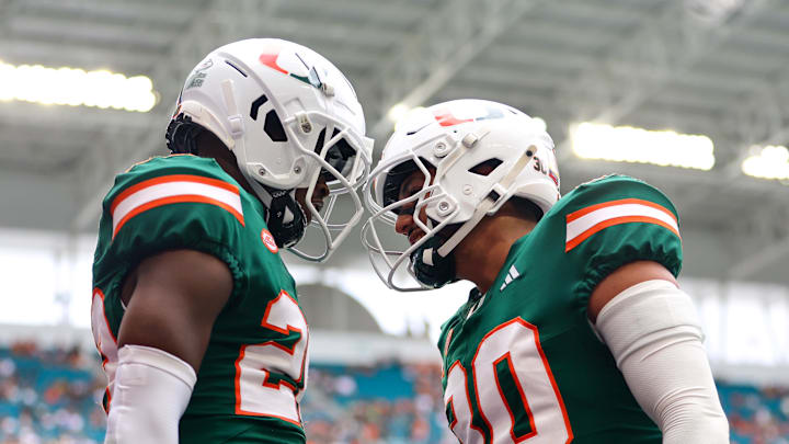 Nov 2, 2024; Miami Gardens, Florida, USA; Miami Hurricanes place kicker Andres Borregales (30) celebrates with wide receiver Robby Washington (28) against the Duke Blue Devils during the fourth quarter at Hard Rock Stadium. Mandatory Credit: Sam Navarro-Imagn Images