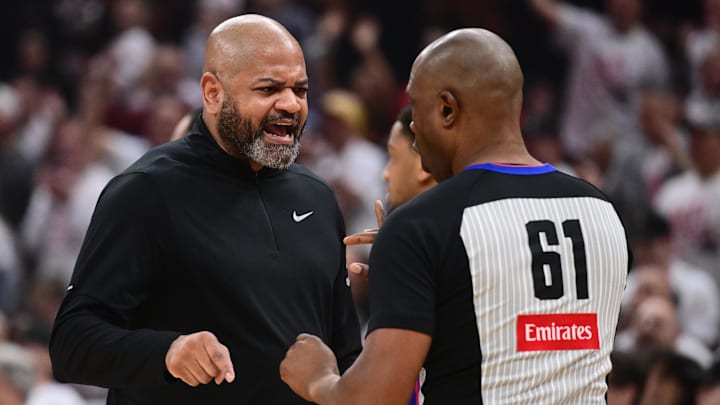 May 9, 2026; Cleveland, Ohio, USA;
Detroit Pistons head coach J.B. Bickerstaff argues a call with referee Courtney Kirkland (61) during the first half of game three in the second round of the 2026 NBA Playoffs at Rocket Arena. Mandatory Credit: Ken Blaze-Imagn Images May 9, 2026; Cleveland, Ohio, USA;
Detroit Pistons head coach J.B. Bickerstaff argues a call with referee Courtney Kirkland (61) during the first half of game three in the second round of the 2026 NBA Playoffs at Rocket Arena. Mandatory Credit: Ken Blaze-Imagn Images