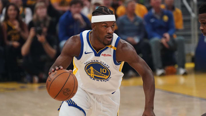 May 10, 2025; San Francisco, California, USA; Golden State Warriors forward Jimmy Butler III (10) dribbles upcourt against the Minnesota Timberwolves in the first quarter during game three of the second round for the 2025 NBA Playoffs at Chase Center. Mandatory Credit: David Gonzales-Imagn Images