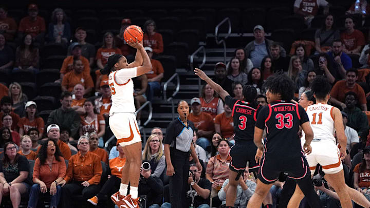 Feb 26, 2026; Austin, Texas, USA; Texas Longhorns forward Madison Booker (35) shoots a three point basket during the first quarter against the Georgia Bulldogs at Moody Center. Mandatory Credit: Dustin Safranek-Imagn Images