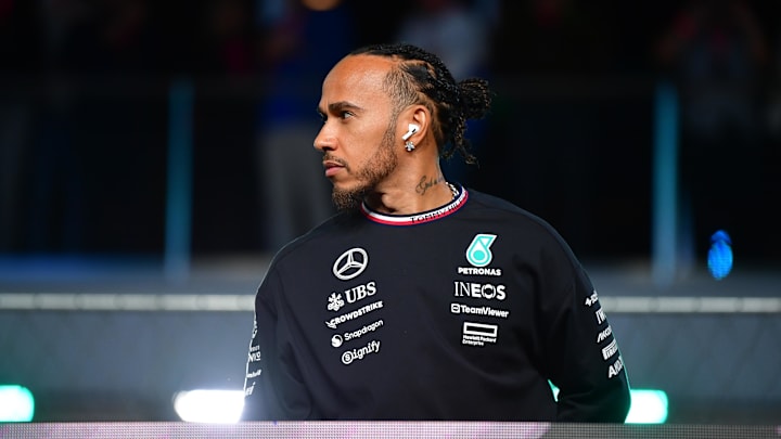 Nov 23, 2024; Las Vegas, Nevada, USA; Mercedes AMG Petronas driver Lewis Hamilton (44) is introduced before the Las Vegas Grand Prix at Las Vegas Circuit. 