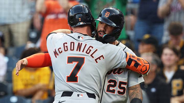 Pittsburgh, Pennsylvania, USA; Detroit Tigers designated hitter Gleyber Torres (25) congratulates third baseman Kevin McGonigle (7) crossing home plate on a two-run home run against the Pittsburgh Pirates during the second inning at PNC Park. Mandatory Credit: Charles LeClaire-Imagn Images Pittsburgh, Pennsylvania, USA; Detroit Tigers designated hitter Gleyber Torres (25) congratulates third baseman Kevin McGonigle (7) crossing home plate on a two-run home run against the Pittsburgh Pirates during the second inning at PNC Park. Mandatory Credit: Charles LeClaire-Imagn Images