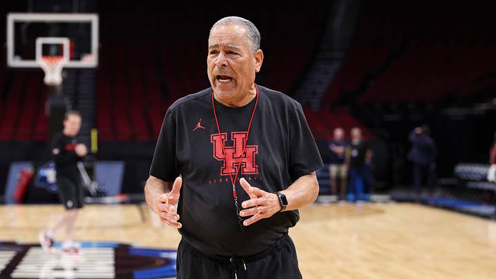 Mar 25, 2026; Houston, TX, USA; Houston Cougars head coach Kelvin Sampson reacts during a practice session ahead of the south regional of the men's 2026 NCAA Tournament at Toyota Center. Mandatory Credit: Troy Taormina-Imagn Images
