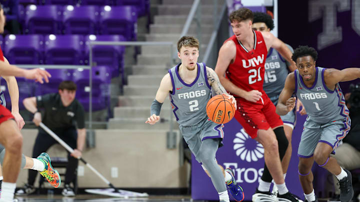 TCU Horned Frogs guard Brock Harding dribbles up the court during the team's 69-65 win over the Incarnate Word Cardinals. TCU Horned Frogs guard Brock Harding dribbles up the court during the team's 69-65 win over the Incarnate Word Cardinals.