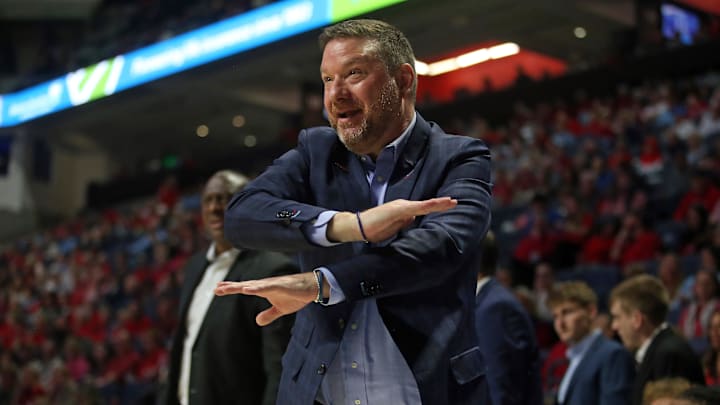 Feb 14, 2026; Oxford, Mississippi, USA; Mississippi Rebels head coach Chris Beard reacts toward an official during the first half against the Mississippi State Bulldogs at The Sandy and John Black Pavilion at Ole Miss. Mandatory Credit: Petre Thomas-Imagn Images