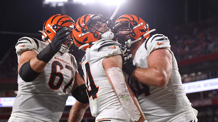 Dec 18, 2022; Tampa, Florida, USA; Cincinnati Bengals tight end Mitchell Wilcox (84) celebrates
