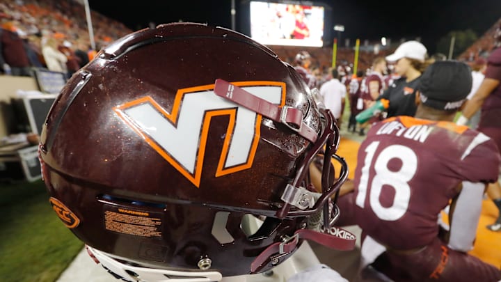 Oct 9, 2021; A Virginia Tech helmet on the bench during the second half against Notre Dame. Oct 9, 2021; A Virginia Tech helmet on the bench during the second half against Notre Dame.