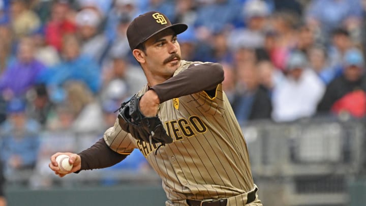 May 31, 2024; Kansas City, Missouri, USA;  San Diego Padres starting pitcher Dylan Cease (84) delivers a pitch in the first inning against the Kansas City Royals at Kauffman Stadium. Mandatory Credit: Peter Aiken-USA TODAY Sports