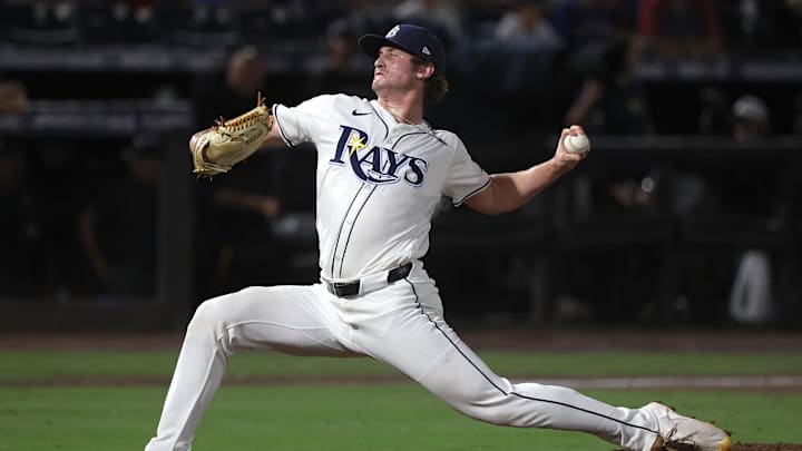 Tampa Bay Rays pitcher Mason Montgomery (48) throws a pitch during the seventh  inning against the Texas Rangers at George M. Steinbrenner Field./ Kim Klement Neitzel-Imagn Images