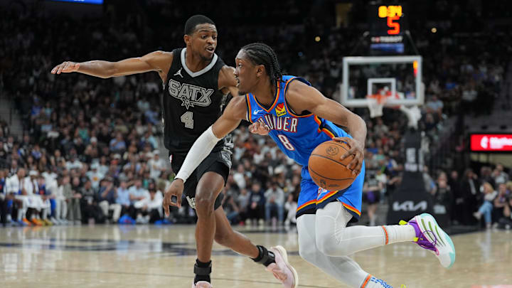 Mar 2, 2025; San Antonio, Texas, USA;  Oklahoma City Thunder forward Jalen Williams (8) dribbles against San Antonio Spurs guard De'Aaron Fox (4) in the second half at Frost Bank Center.