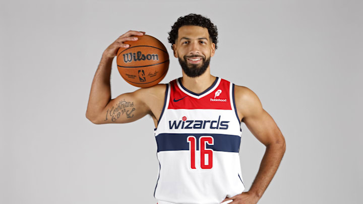 Sep 30, 2024; Washington, DC, USA; Washington Wizards forward Anthony Gill (16) poses for a portrait during Washington Wizards media day 2024 at Capital One Arena. Mandatory Credit: Geoff Burke-Imagn Images