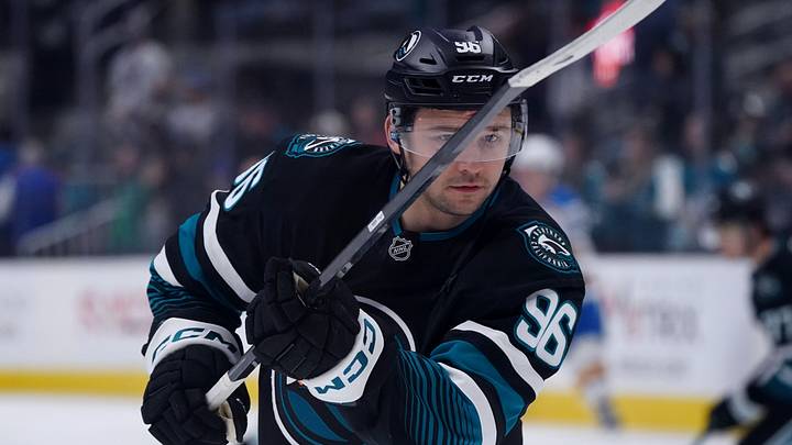 Mar 30, 2026; San Jose, California, USA;  San Jose Sharks center Philipp Kurashev (96) warms up before the game against the St. Louis Blues at SAP Center at San Jose. Mandatory Credit: David Gonzales-Imagn Images