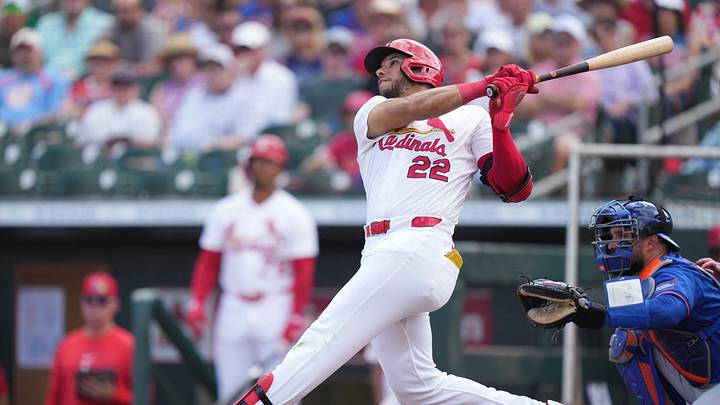 Mar 7, 2026; Jupiter, Florida, USA;  St. Louis Cardinals right fielder Joshua Baez (22) hits a home run in the second inning against the New York Mets at Roger Dean Chevrolet Stadium. Mandatory Credit: Jim Rassol-Imagn Images