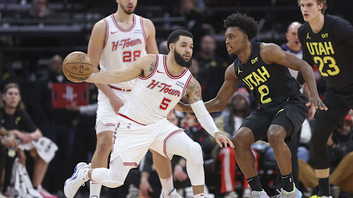Jan 20, 2024; Houston, Texas, USA; Houston Rockets guard Fred VanVleet (5) controls the ball as Utah
