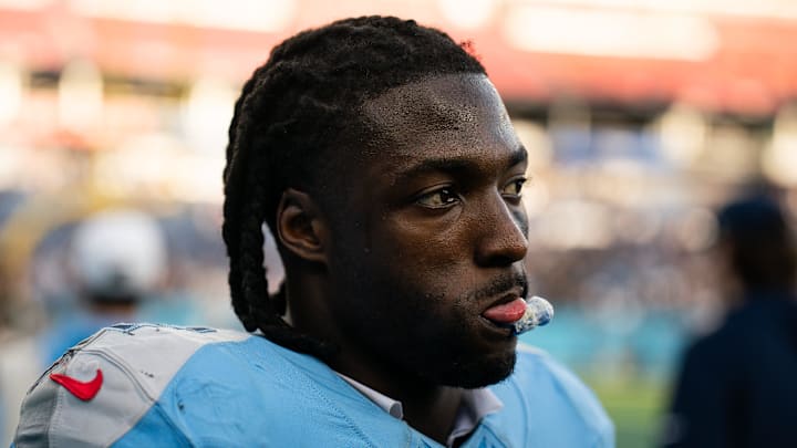 Tennessee Titans running back Tyjae Spears (2) heads off of the field after the New Orleans Saints won 34-26 at Nissan Stadium in Nashville, Tenn., Sunday, Dec. 28, 2025.