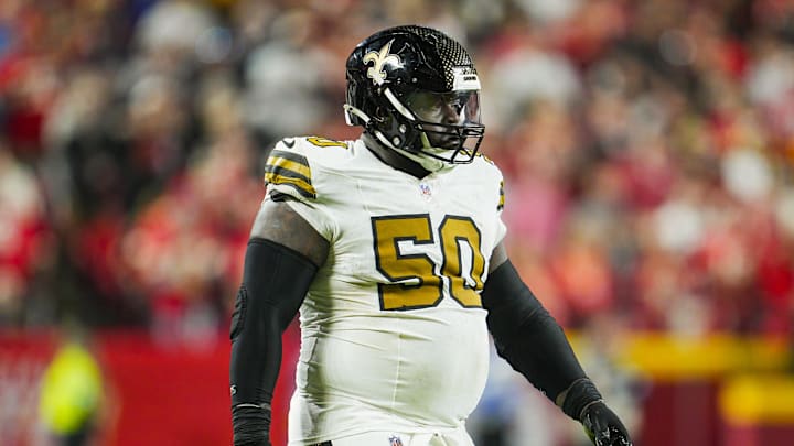 Oct 7, 2024; Kansas City, Missouri, USA; New Orleans Saints defensive tackle Khalen Saunders (50) reacts during the second half against the Kansas City Chiefs at GEHA Field at Arrowhead Stadium. Mandatory Credit: Jay Biggerstaff-Imagn Images Oct 7, 2024; Kansas City, Missouri, USA; New Orleans Saints defensive tackle Khalen Saunders (50) reacts during the second half against the Kansas City Chiefs at GEHA Field at Arrowhead Stadium. Mandatory Credit: Jay Biggerstaff-Imagn Images