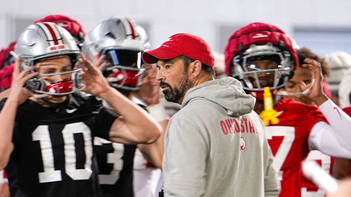 Ohio State Buckeyes head coach Ryan Day speaks to his players during spring football practice at the Woody Hayes Athletic Center on Wednesday, March 19, 2025 in Columbus, Ohio.